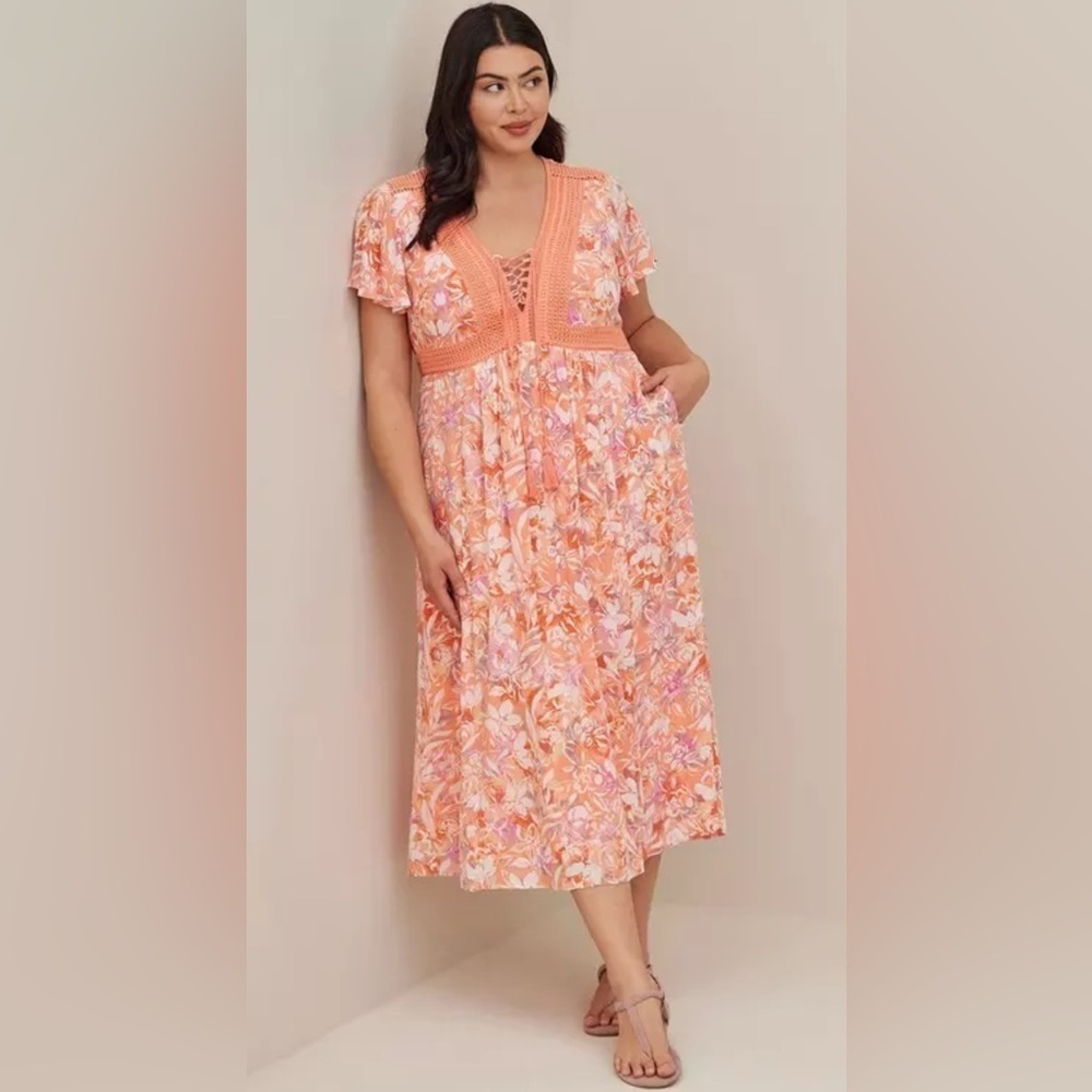 Torrid Lace Up Tea Length Dress- Crinkle Gauze Floral Coral Sz 2/2X